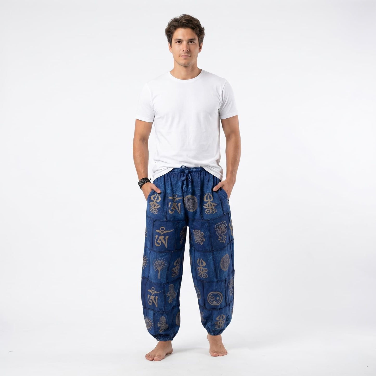 Front view of the Stonewashed Men's Tribal Harmony Harem Pants Blue, featuring a relaxed waist and flowy fit.