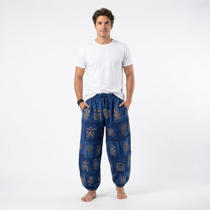Front view of the Stonewashed Men's Tribal Harmony Harem Pants Blue, featuring a relaxed waist and flowy fit.