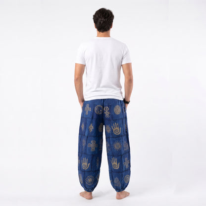 Rear view of the blue stonewashed organic cotton harem pants for men, demonstrating the lightweight and breathable design.