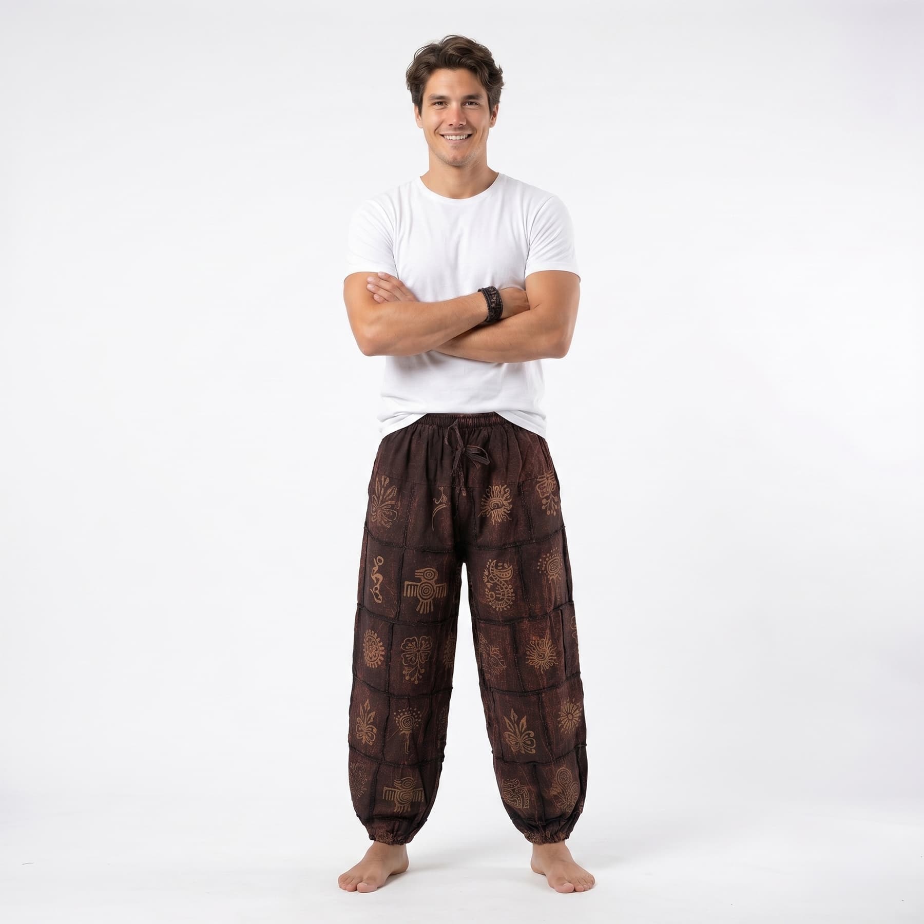 Front view of the Men's Brown Stonewashed Tribal Harmony Harem Pants with a comfortable elastic waistband.
