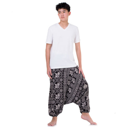 Side view of black elephant pants showing the relaxed ethnic drop crotch style.