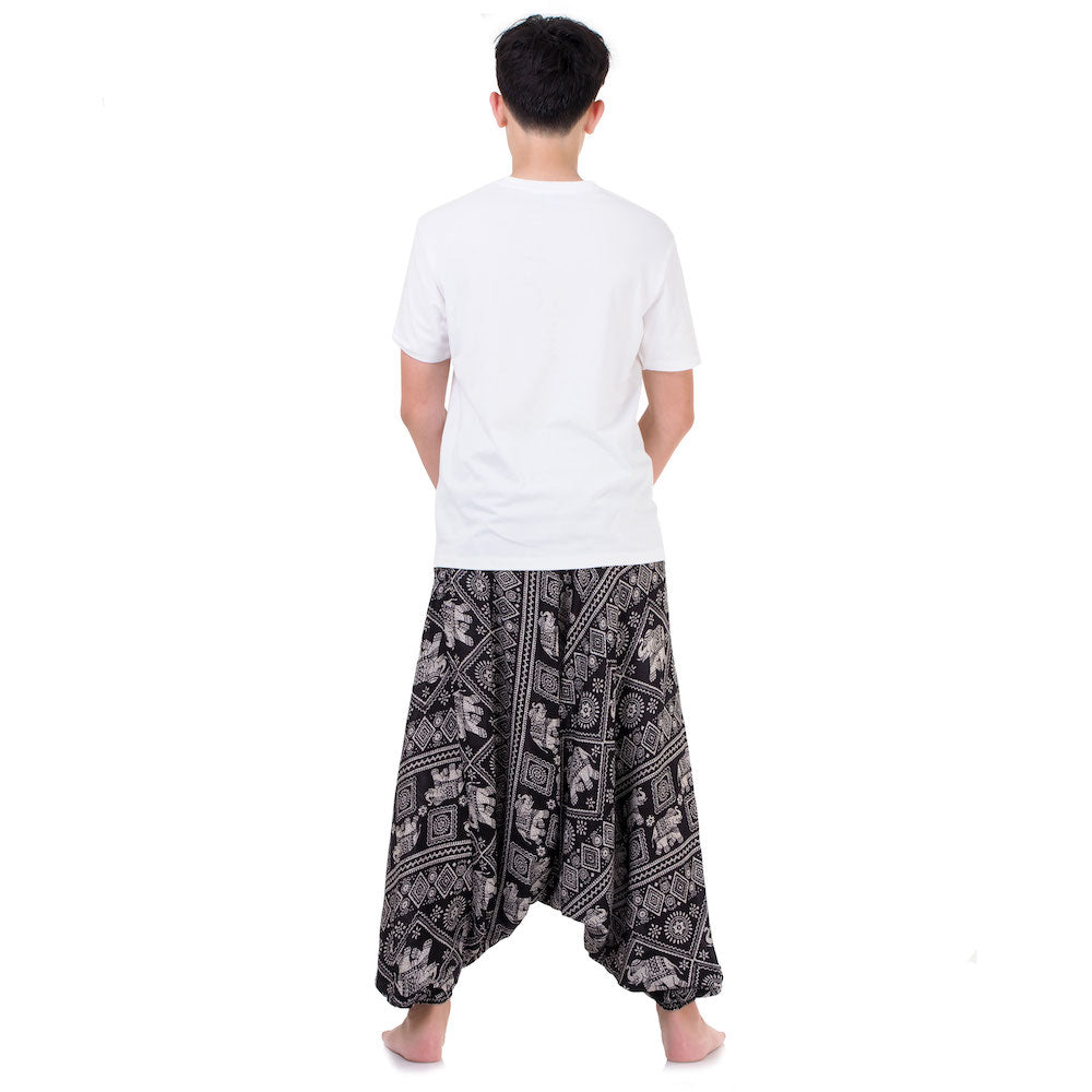 Back view of black Thai Elephant pants, elastic cuffs at hips and ankles.