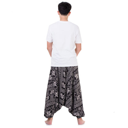 Back view of black Thai Elephant pants, elastic cuffs at hips and ankles.