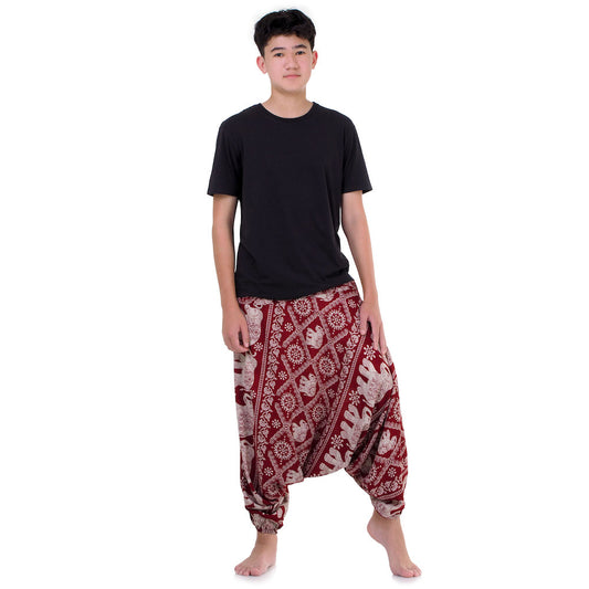Male model in red boho festival pants, imperial design, fits S, M, and L.