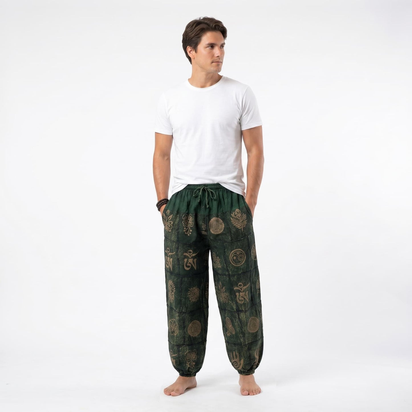 Front view of the Green Stonewashed Men's Tribal Harmony Harem Pants, offering a comfortable boho style for men.