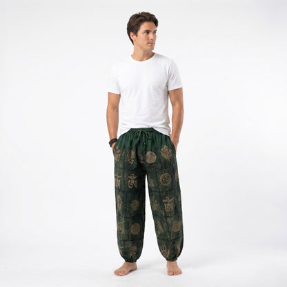 Front view of the Green Stonewashed Men's Tribal Harmony Harem Pants, offering a comfortable boho style for men.