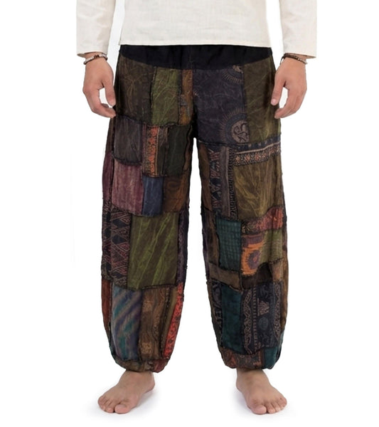 Close-up of a brown men Thai patchwork harem yoga pants