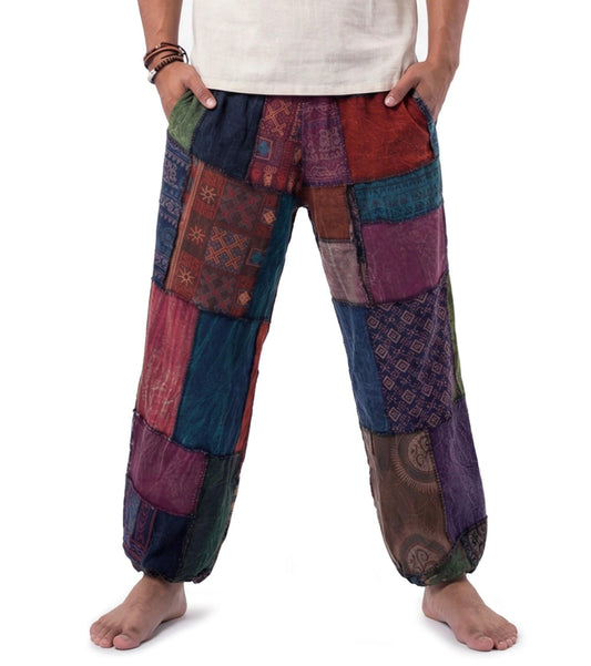 Close-up of a purple men Thai patchwork harem yoga pants