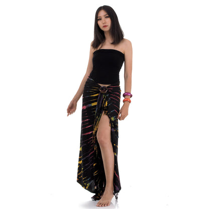 Front view of the Midnight Black Tie Dye wrap skirt, wearable as beachwear or a casual summer skirt.