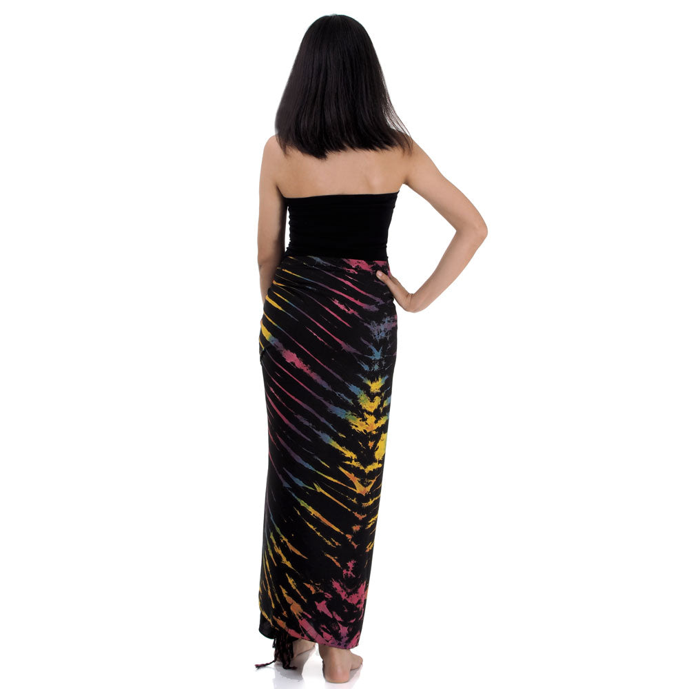 Back view of the handcrafted Midnight Black batik pareo showing the full 67-inch wide fabric wrap.