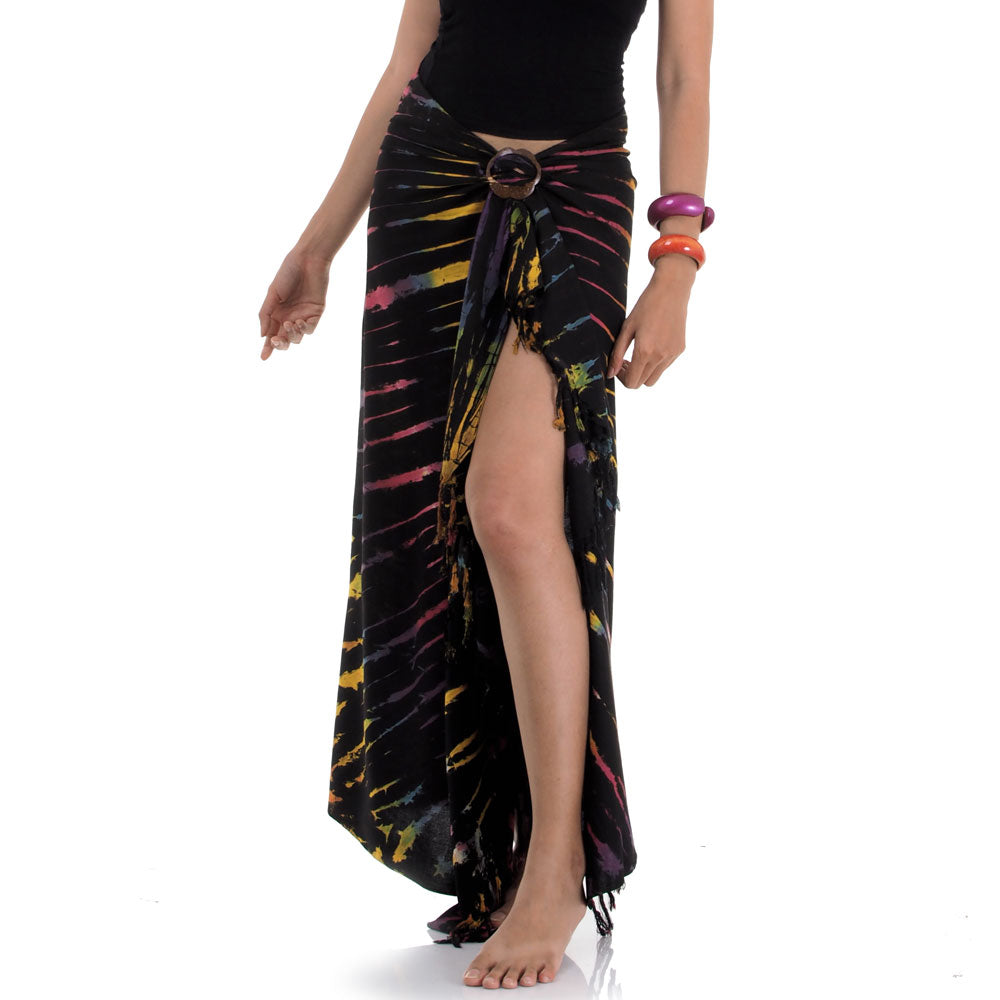 Detailed close-up of the Midnight Black Tie Dye Sarong Phangan featuring a high-contrast, handmade batik design.