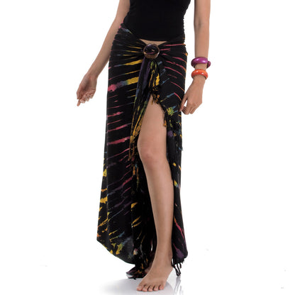 Detailed close-up of the Midnight Black Tie Dye Sarong Phangan featuring a high-contrast, handmade batik design.
