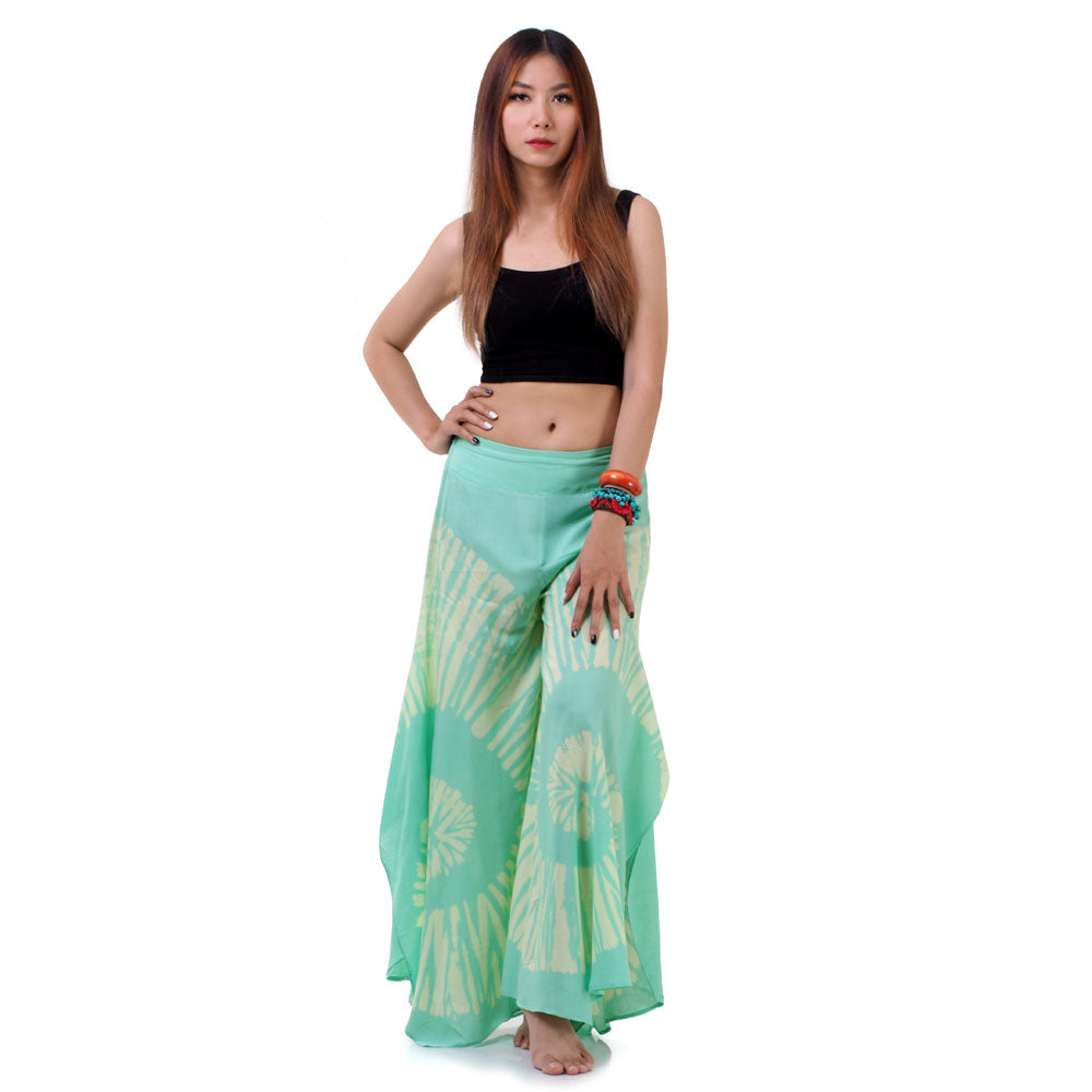 Full-length front shot of the Fresh Mint Hippie Tie Dye Palazzo Pants on a female model, showcasing a vibrant bohemian look.