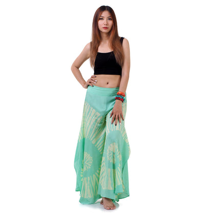 Full-length front shot of the Fresh Mint Hippie Tie Dye Palazzo Pants on a female model, showcasing a vibrant bohemian look.