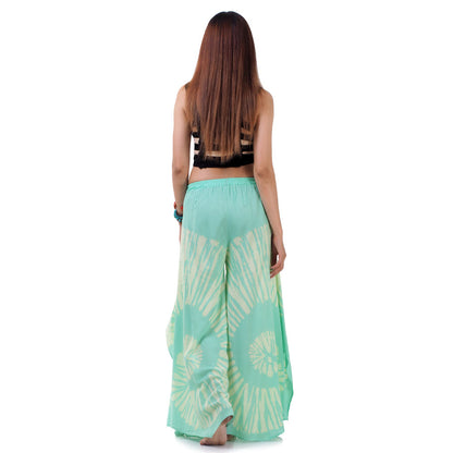 Back view of the Fresh Mint Hippie Tie Dye Palazzo Pants on a female model, showing the breathable and relaxed cut.