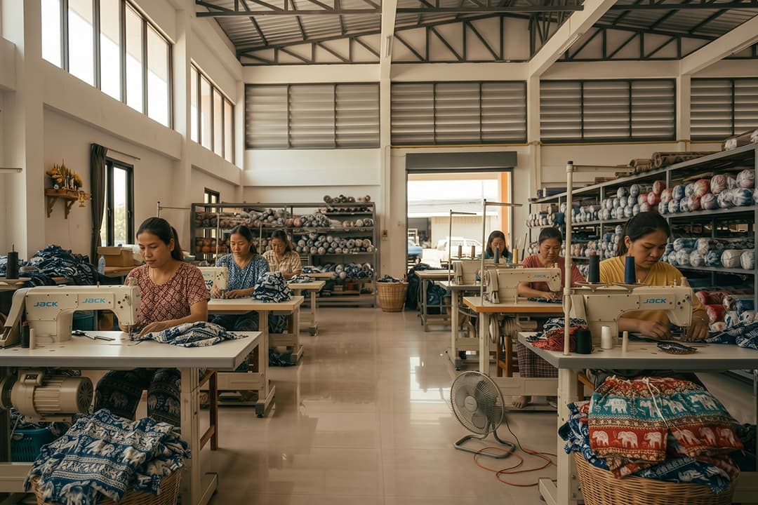 Behind the scenes at My Thai Pants: Local women handcrafting authentic Thai harem pants and elephant pants in a bright garment workshop.
