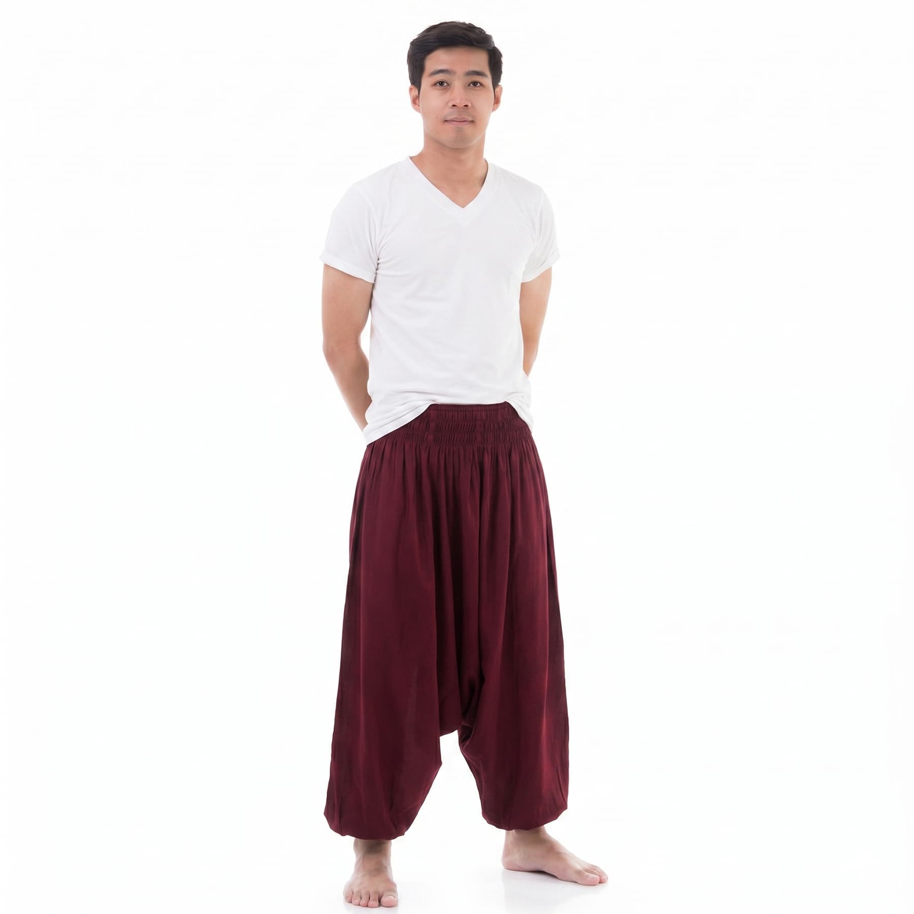 Front view of the maroon Drop Crotch Men's Harem Pants, featuring a flexible elastic waist for everyday wear.