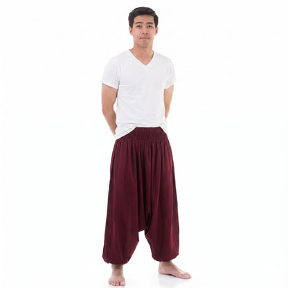 Front view of the maroon Drop Crotch Men's Harem Pants, featuring a flexible elastic waist for everyday wear.