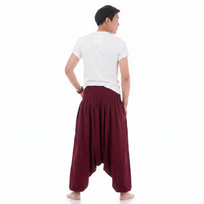 Rear view of the Mystic Maroon Men's drop crotch harem pants, showing the clean and airy design.