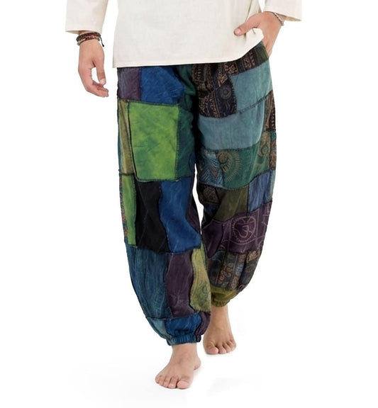 Close-up of a blue men Thai patchwork harem yoga pants