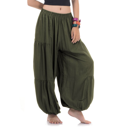Close-up of a olive green women Thai harem yoga pants