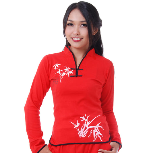 Damen Loungewear Bambus Yoga Shirt Rot Langarm