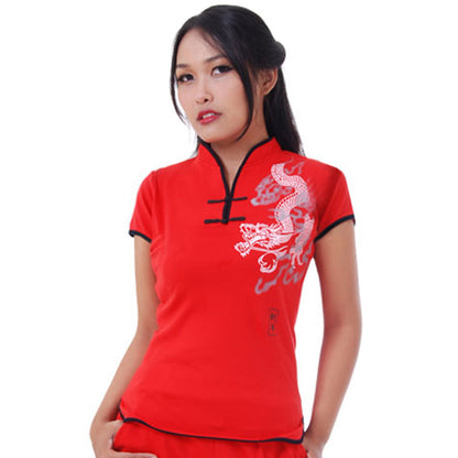 Damen Loungewear Drachen Yoga Shirt Rot Kurzarm