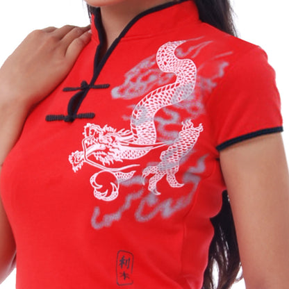 Damen Loungewear Drachen Yoga Shirt Rot Kurzarm