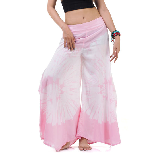 Close-up texture of the Blushing Rose Hippie Tie Dye Palazzo Pants, showing the delicate pink tie-dye pattern and vegan rayon weave.