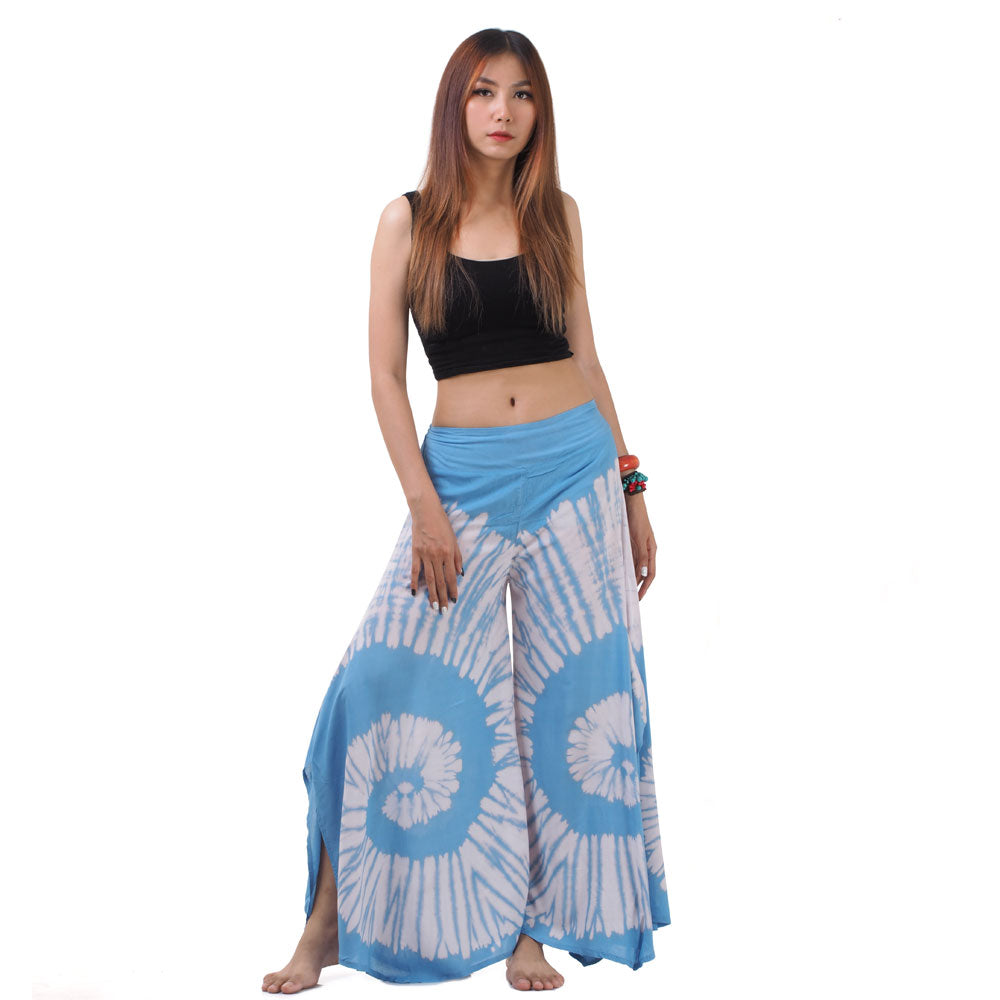 Full front view of the Royal Blue Hippie Tie Dye Palazzo Pants on a female model, capturing the flowing wide-leg boho design.