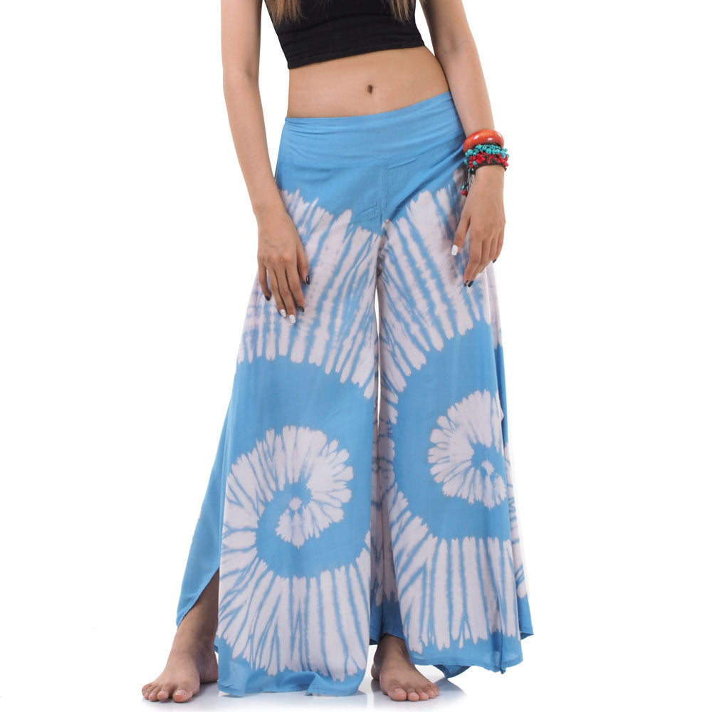 Close-up macro shot of the Royal Blue Hippie Tie Dye Palazzo Pants, highlighting the deep blue tie-dye pattern and soft material.