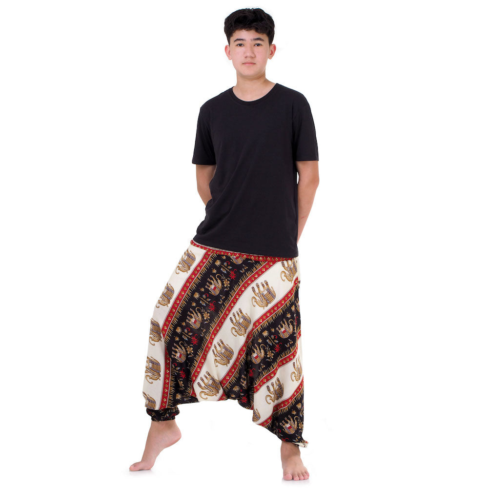 Side view of men's black elephant harem pants showing the relaxed drop crotch fit