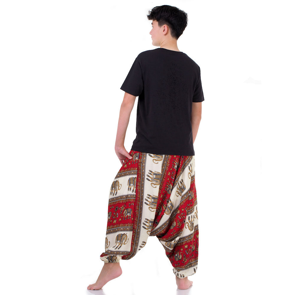 Back view of red handmade elephant pants, elastic waist for maximum comfort.