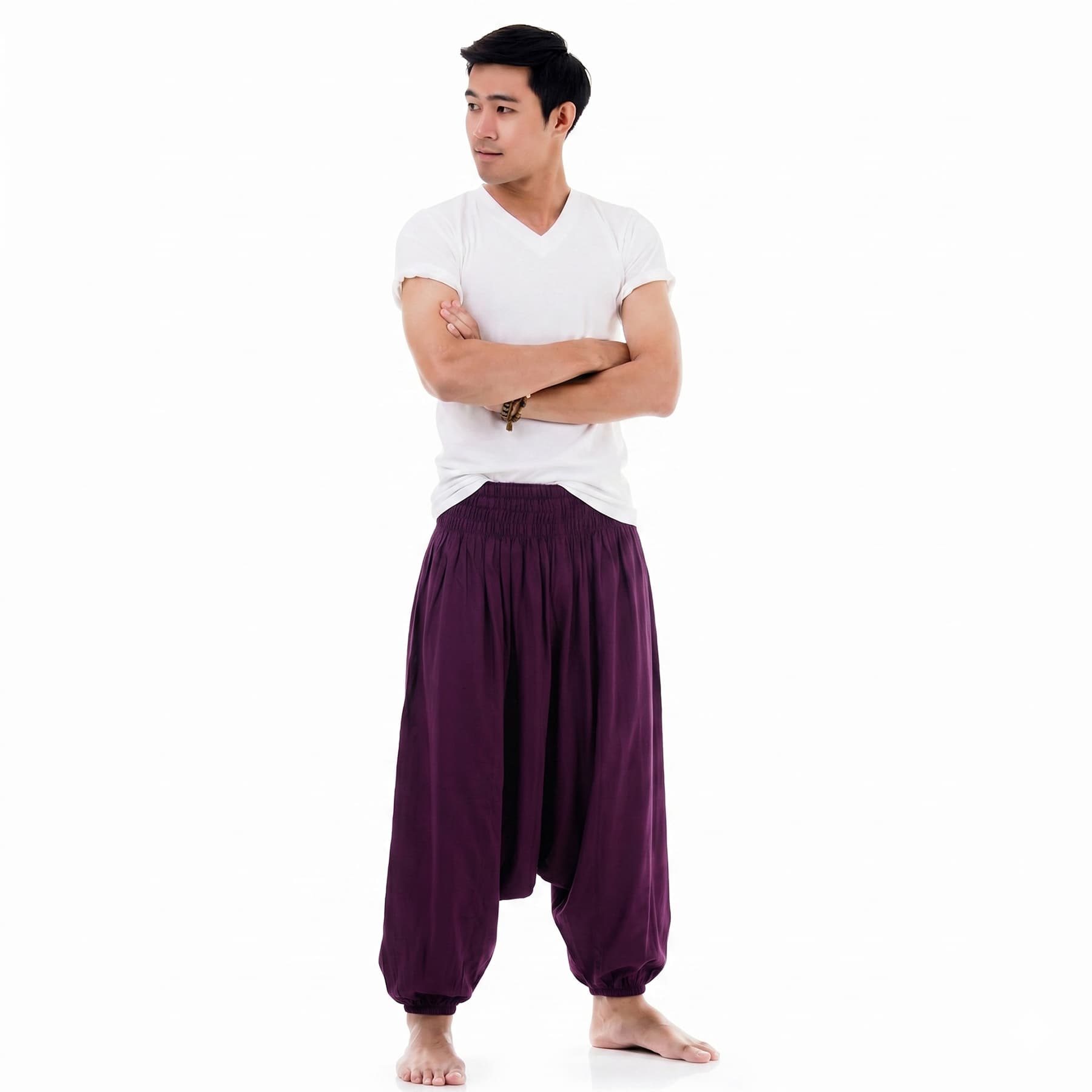 Front view of the Men's Royal Orchid Drop Crotch Harem Pants, offering a unique look for beach vacations.