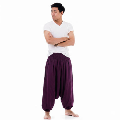 Front view of the Men's Royal Orchid Drop Crotch Harem Pants, offering a unique look for beach vacations.