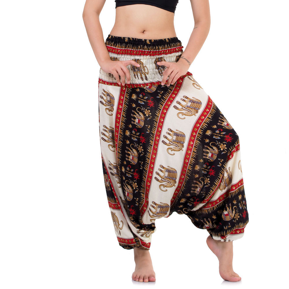 Close-up black 2-in-1 harem pants & jumpsuit with Royal Thai Elephant pattern