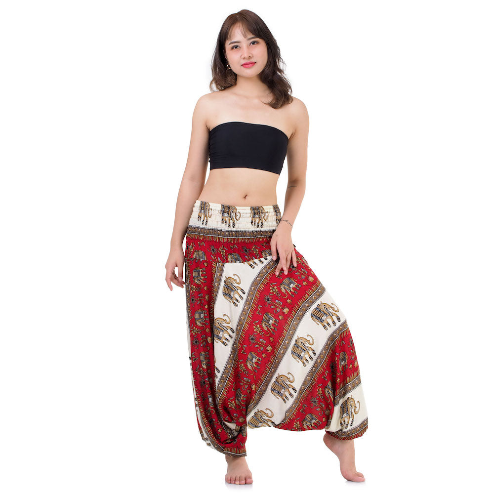 Front view of red handmade elephant jumpsuit pants, fits Small to Large.