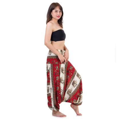 Side view of red 2-in-1 harem pants highlighting the versatile jumpsuit fit.