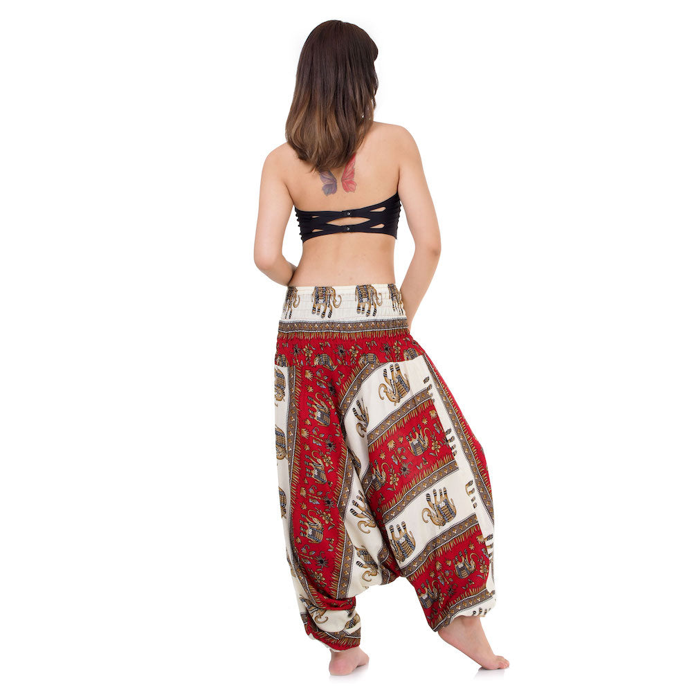 Back view of red boho festival pants, sustainable handmade fashion.