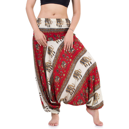 Detail of red tie dye 2-in-1 harem pants with majestic elephant design.