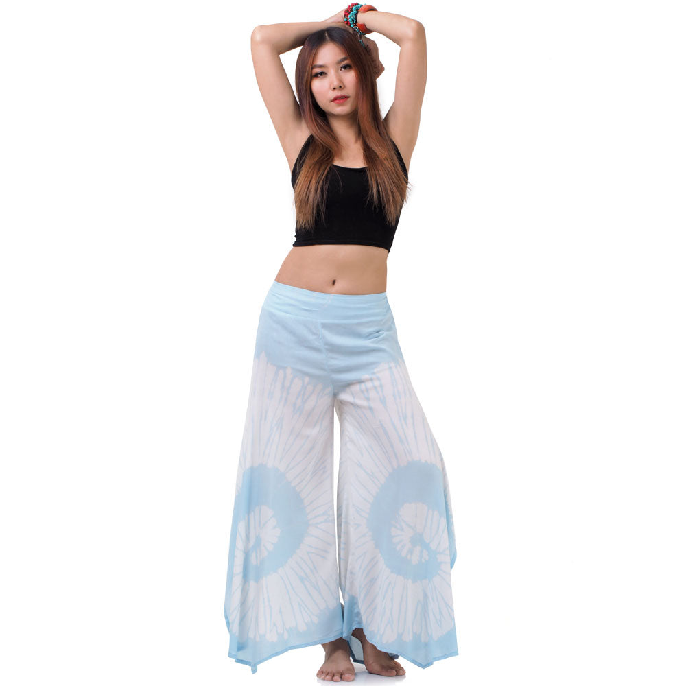 Front view of a female model wearing the Sky Blue Hippie Tie Dye Palazzo Pants with a comfortable elastic waistband.