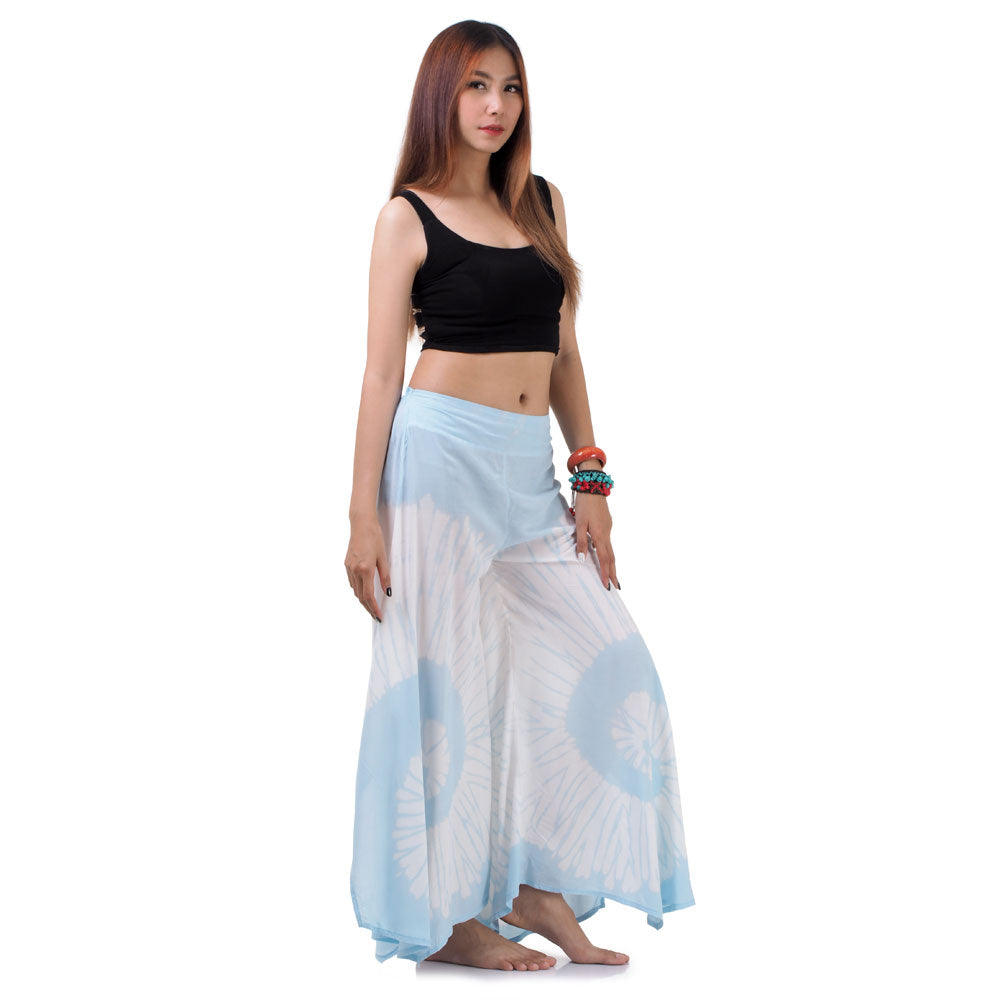 Full-length front view of the Sky Blue Hippie Tie Dye Palazzo Pants on a female model, showcasing the flowy wide-leg cut.