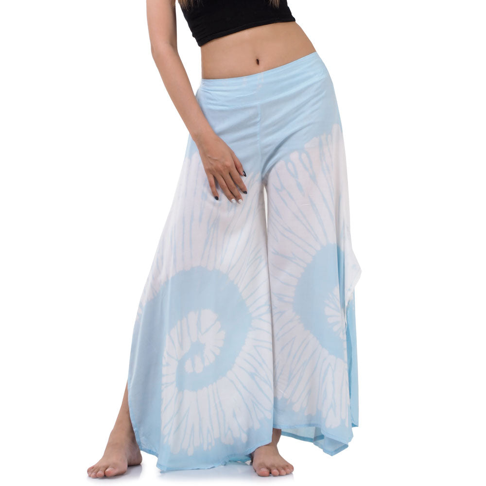 Close-up detail of the Sky Blue Hippie Tie Dye Palazzo Pants, highlighting the soft batik pattern and lightweight bamboo rayon fabric.