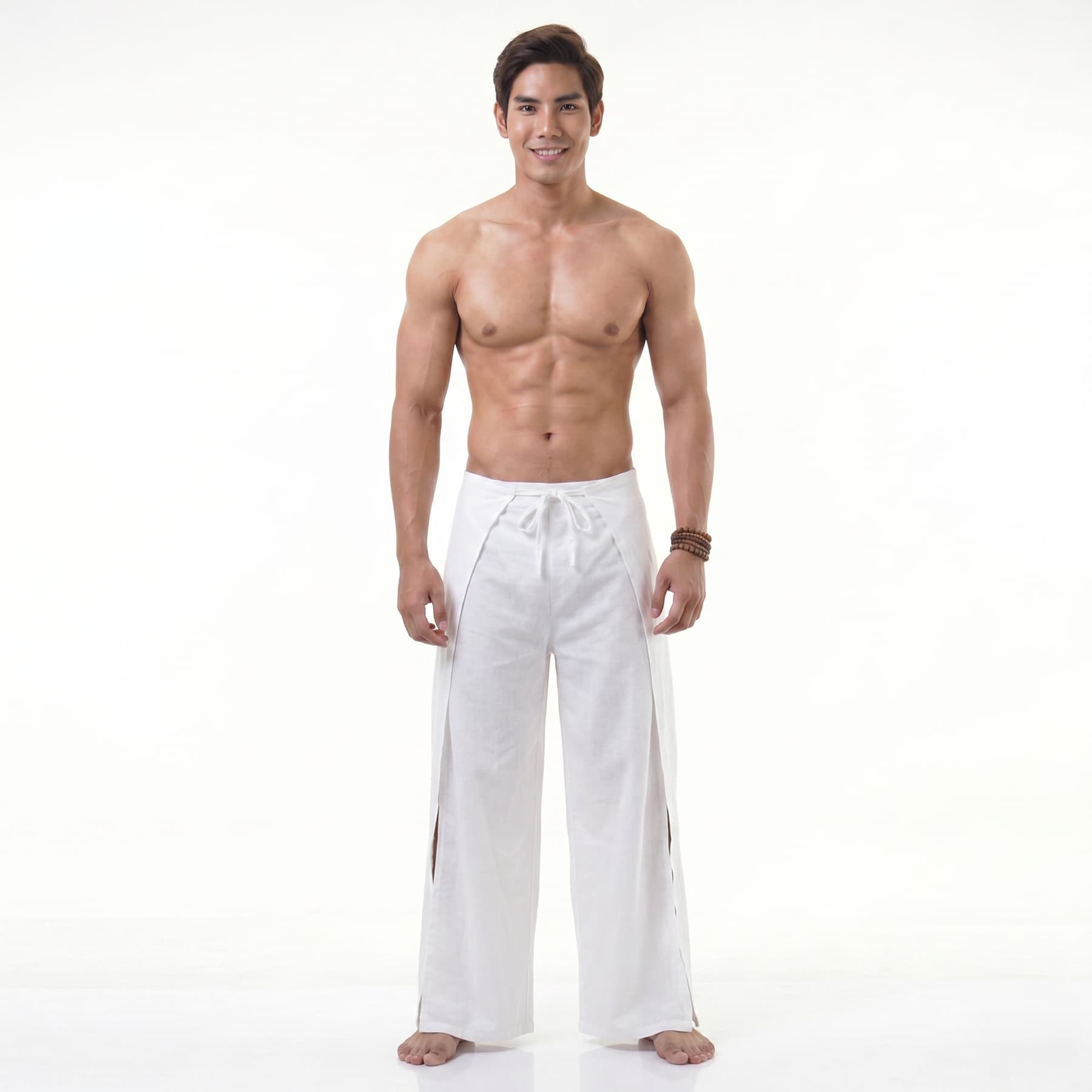 Front view of the white Thai Fisherman pants for men, featuring a comfortable fold-over waist.