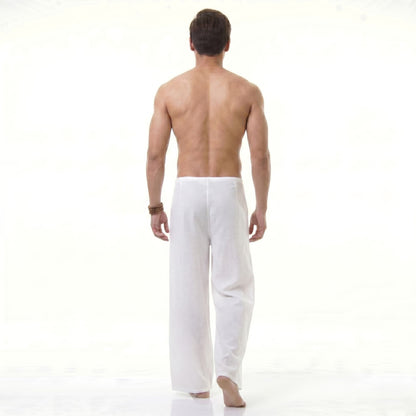 Rear view of the white Men's Thai wrap pants, offering a lightweight fit for hot days.