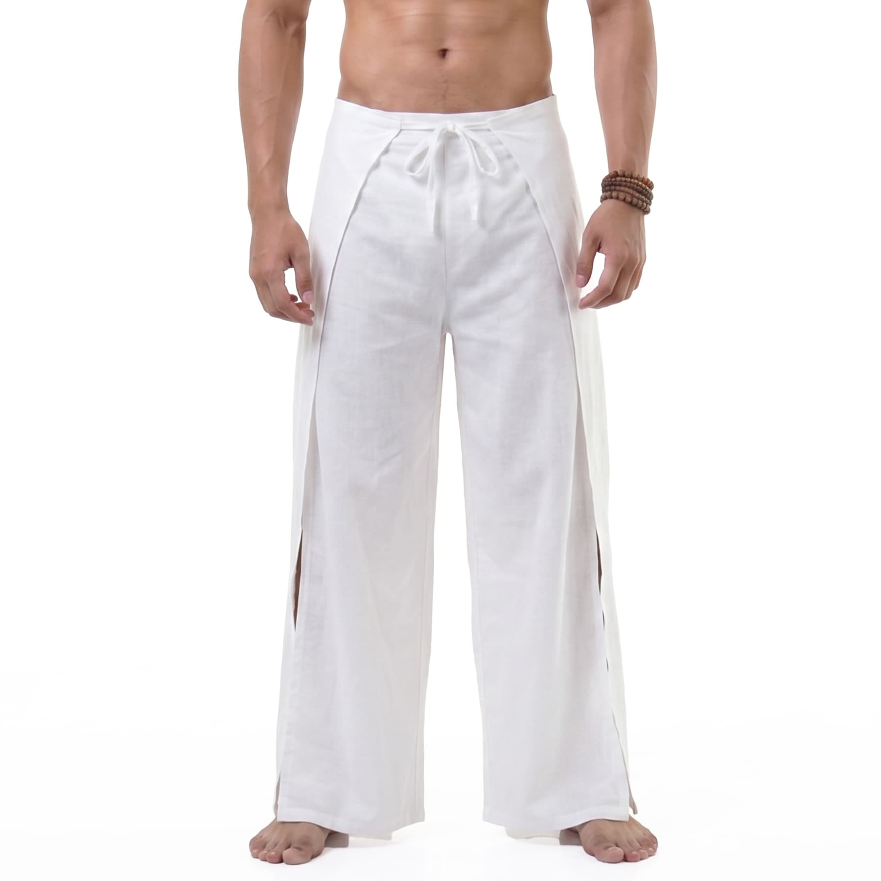 Detailed close-up of the crisp white Men's Thai wrap pants fabric in vegan rayon, ideal for summer heat.