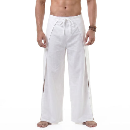 Detailed close-up of the crisp white Men's Thai wrap pants fabric in vegan rayon, ideal for summer heat.