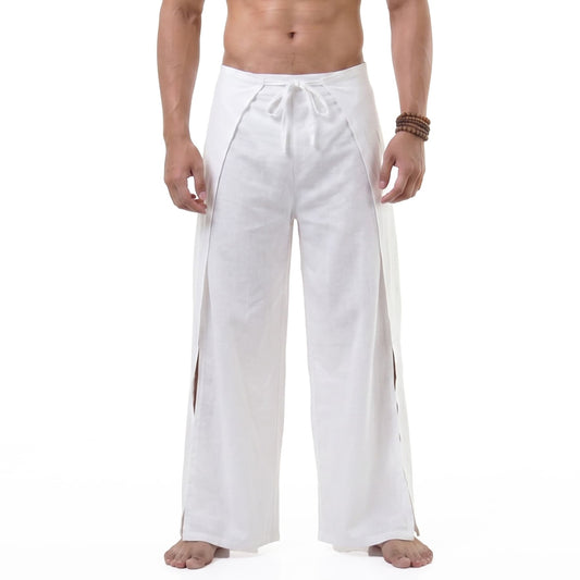 Detailed close-up of the crisp white Men's Thai wrap pants fabric in vegan rayon, ideal for summer heat.