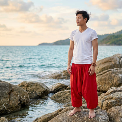 Sunset Red Men's Drop Crotch Harem Pants