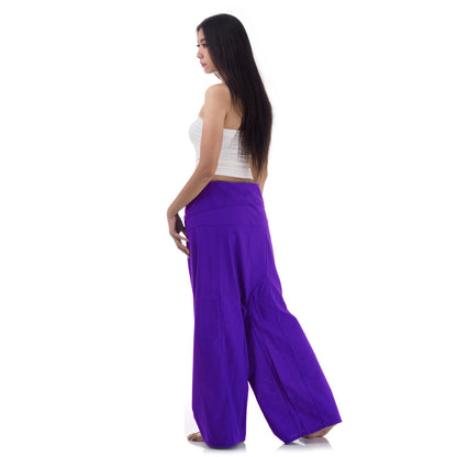 Back view of female model wearing Lavender Dreams women's Thai fisherman pants, showcasing the tied waist and flowing fabric